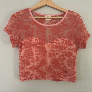 Urban Outfitters Pins & Needles Pink Coral Floral Lace Sheer Crop Top Large